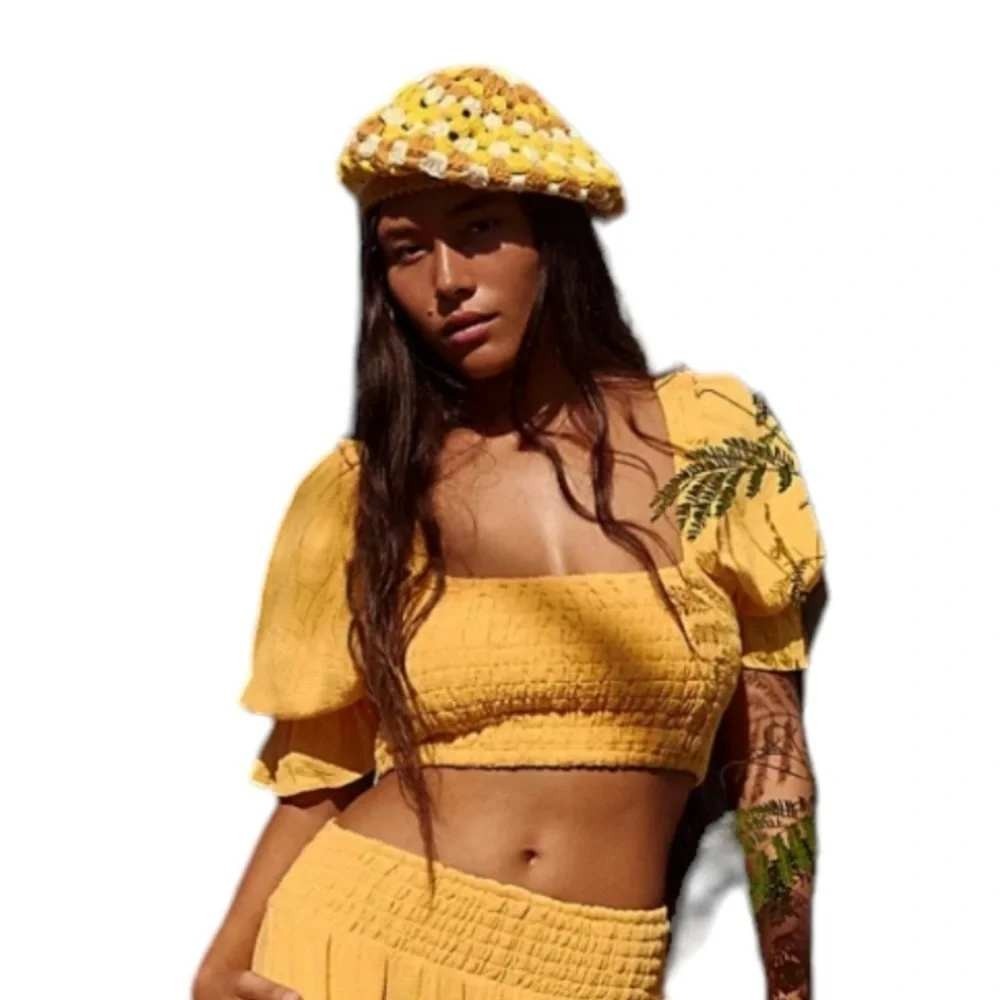 Free People Womens Crochet Beret Hat Yellow Brown Granny Square Cotton Boho 70's